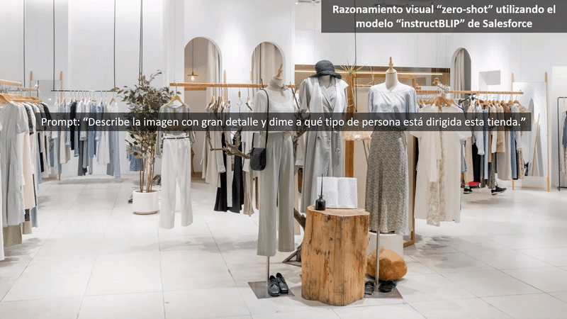Ejemplo de razonamiento visual zero-shot sobre una tienda de ropa, utilizando el modelo "instructBLIP" de Salesforce.