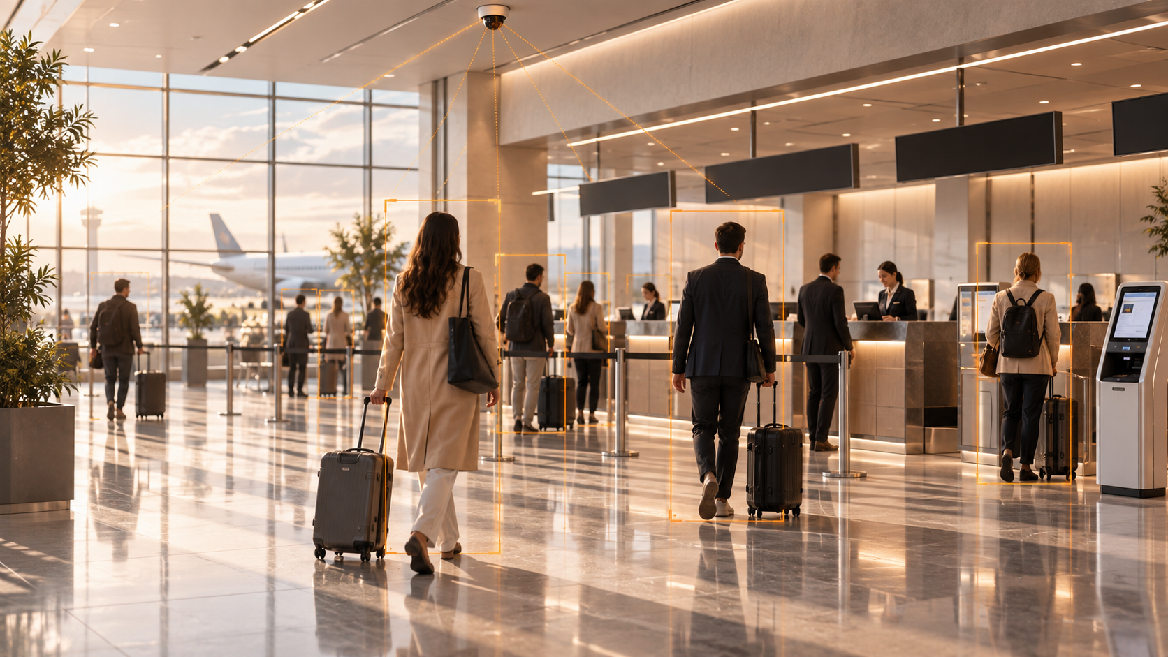 Hall de check-in de um aeroporto com passageiros e detecção de pessoas por IA da KSI Vision.