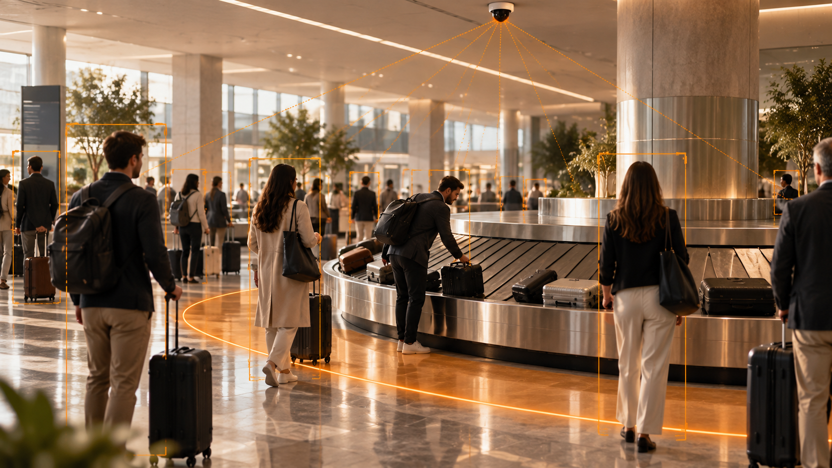 Área de retirada de bagagem com rastreamento anônimo de passageiros pela KSI Vision.
